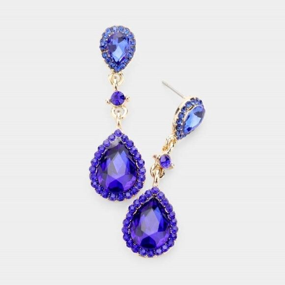 Miro Blue Pear Crystal Rhinestone Drop Earrings - Picture 1 of 3